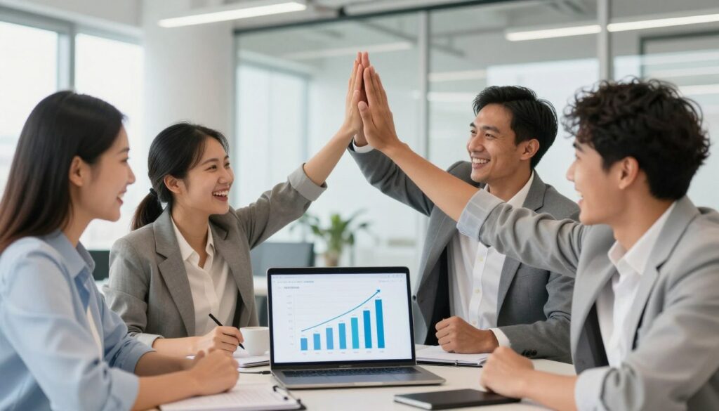 Successful business team celebrating increased lead generation with profit margin calculator