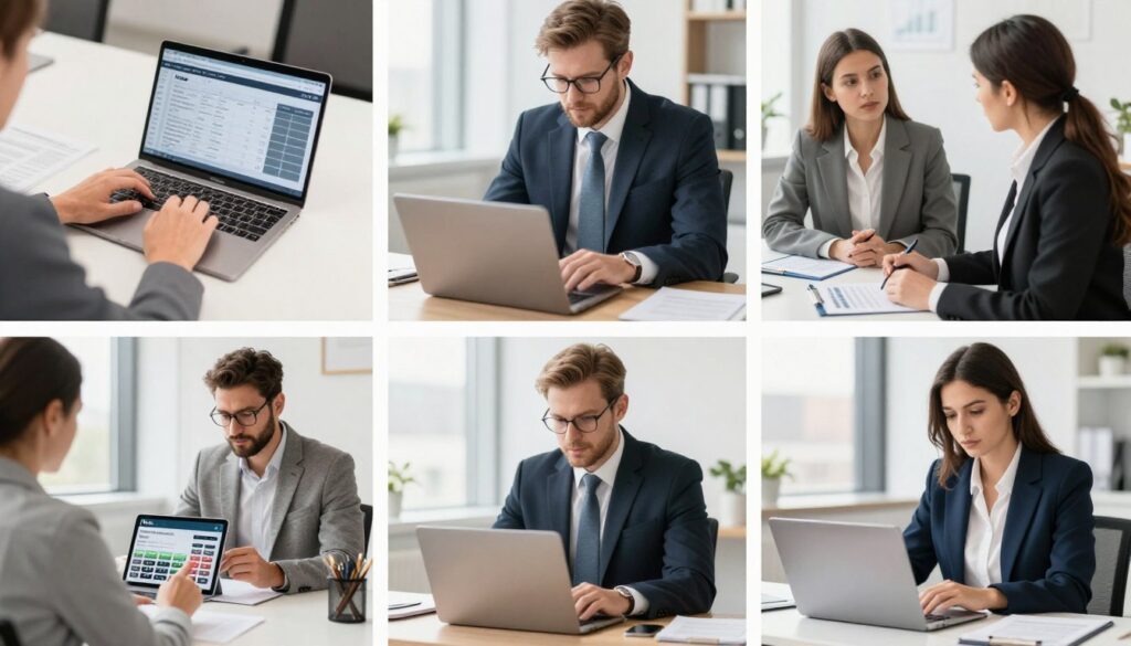 Various financial service professionals using loan calculator template across different devices