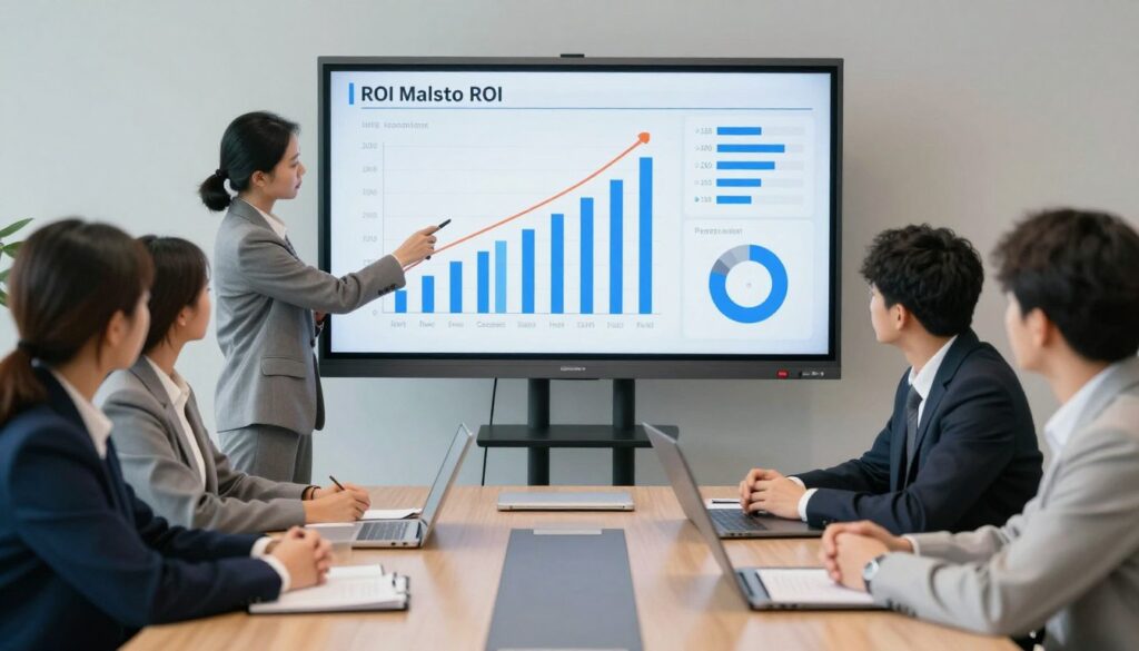 business team reviewing marketing roi metrics on screen