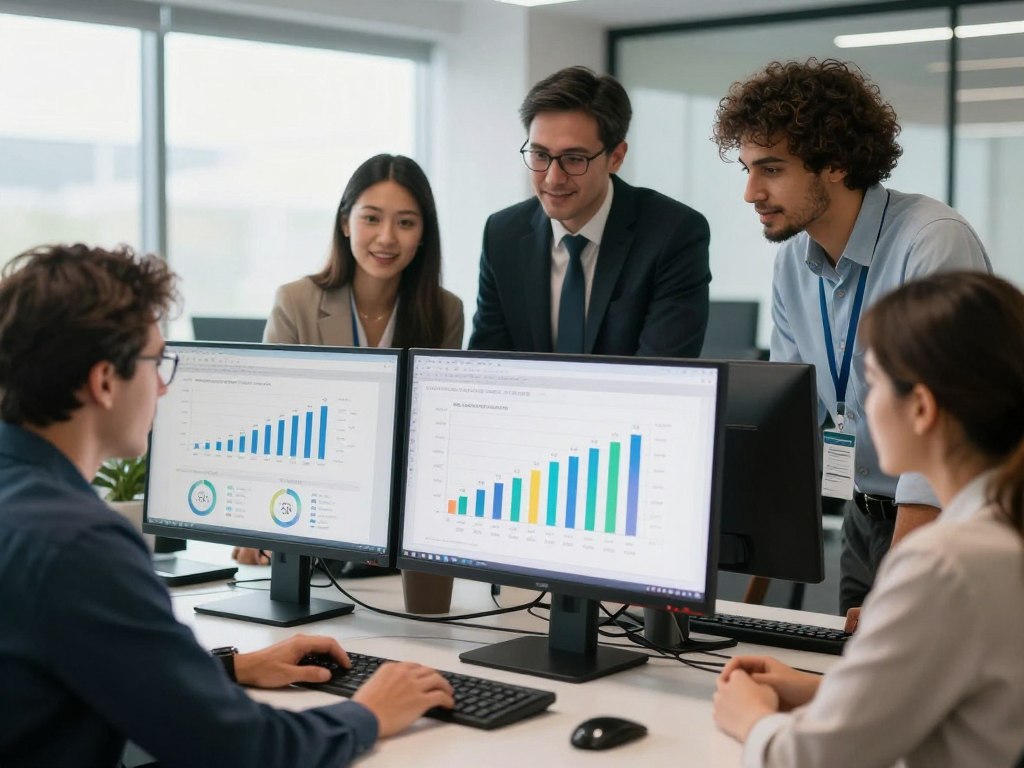 sales team celebrating improved efficiency metrics on computer screens
