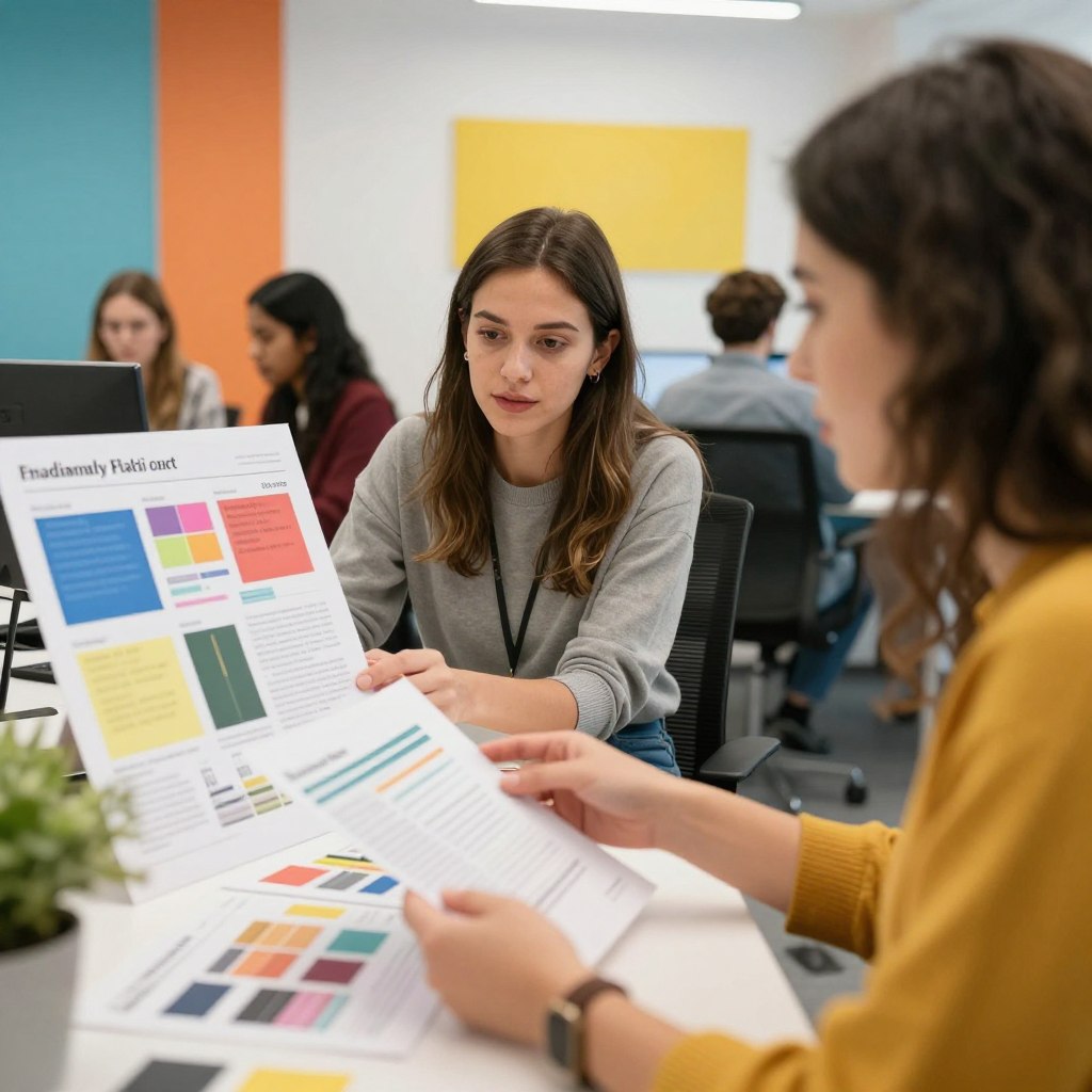 Creative agency team reviewing design compatibility assessment