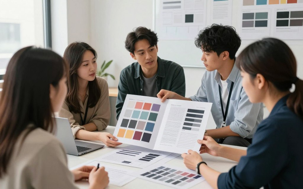 Design studio reviewing creative project assessments