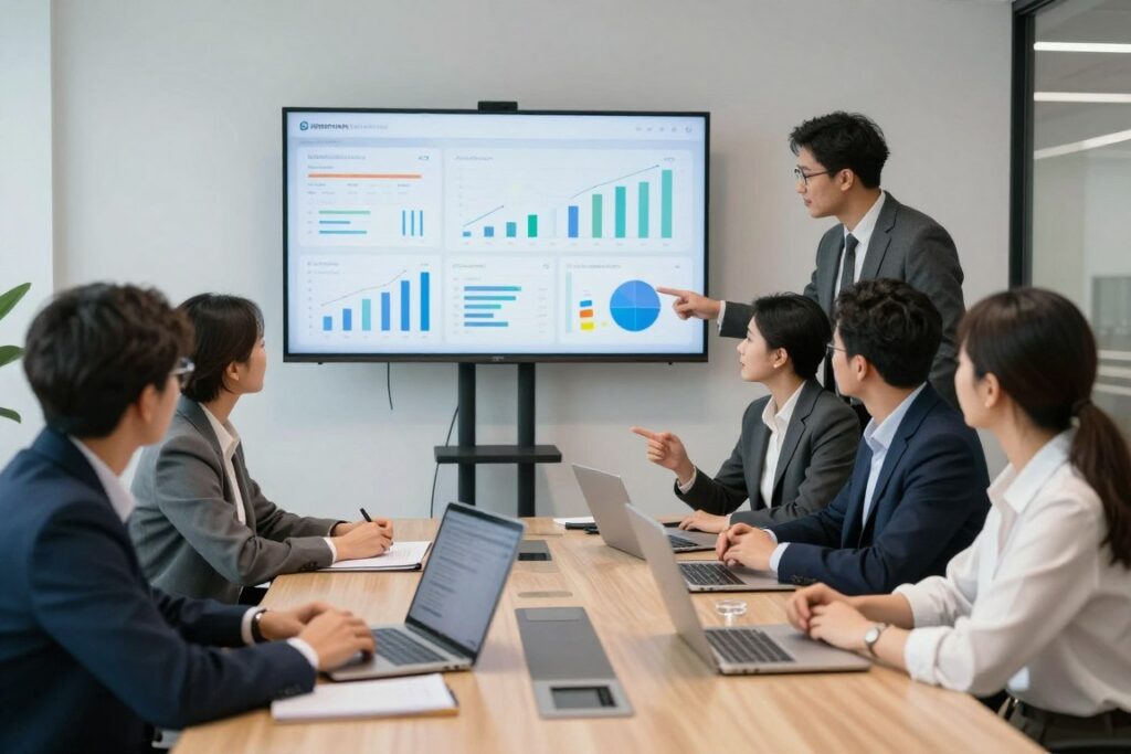Enterprise team collaborating on survey strategy with multiple screens showing analytics dashboards