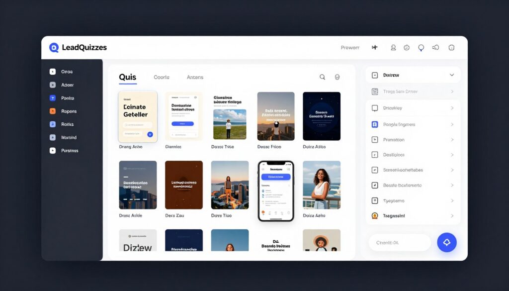 LeadQuizzes platform interface showing quiz builder with drag-and-drop editor and template gallery