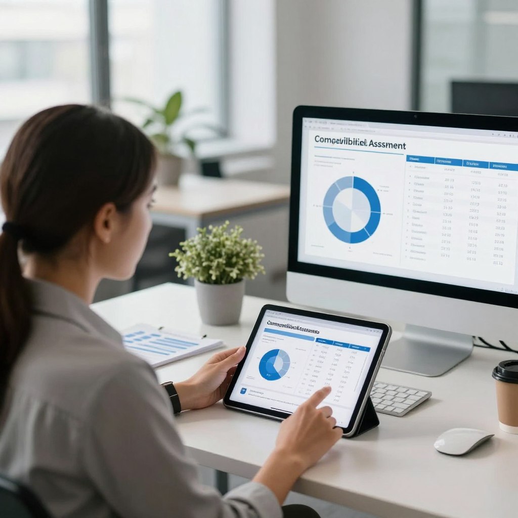 Marketing agency professional reviewing client assessment results on tablet