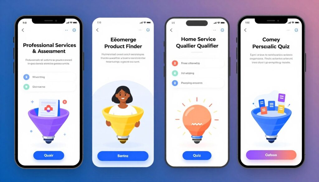 Multiple quiz funnel examples across different industries