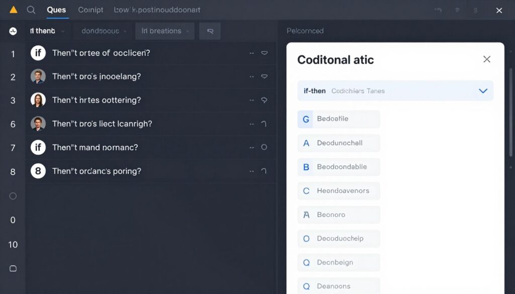 Quiz builder interface showing question editor with conditional logic settings