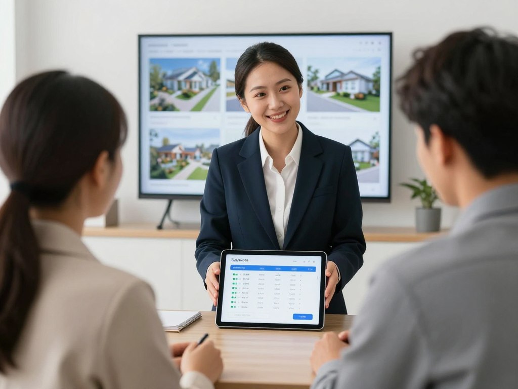 Real estate agent showing property quiz results to clients