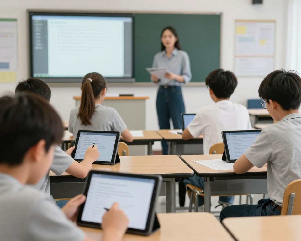 Students taking educational quiz on tablets