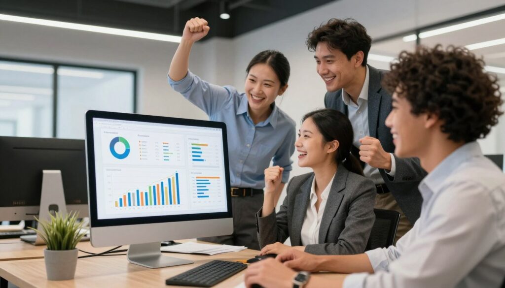 Successful business team celebrating lead generation results