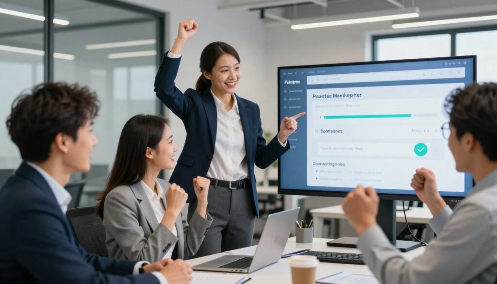 Team celebrating marketing success with quiz campaigns