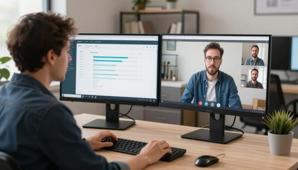 Technology consultant conducting virtual compatibility assessment with prospect