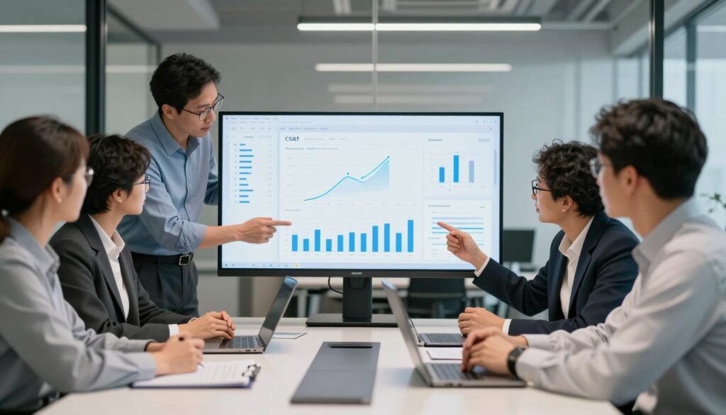 business analytics team reviewing csat data insights and reports
