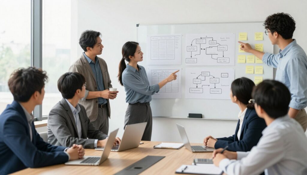 business team collaborating on form design with wireframes and user flow diagrams on whiteboard