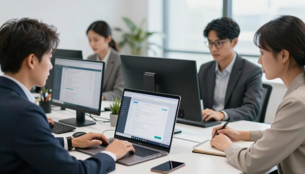 business team implementing new survey software with training and setup process