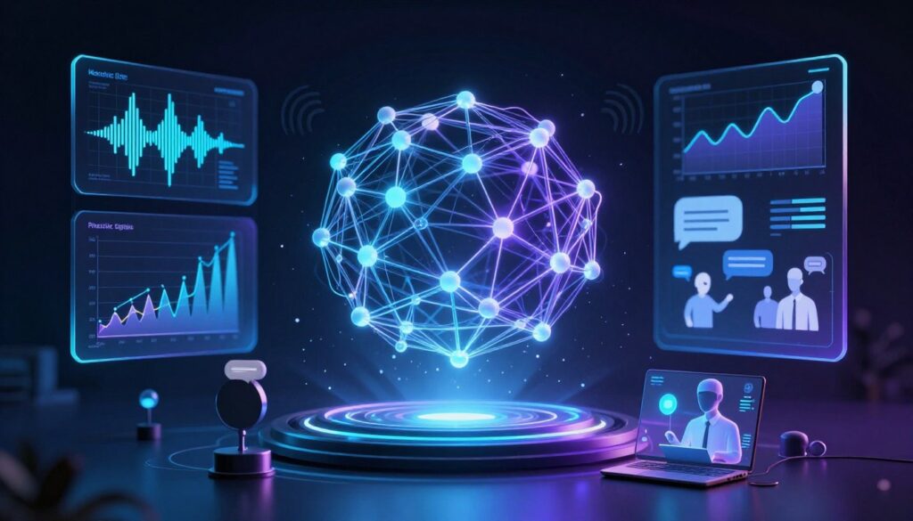 futuristic technology visualization showing AI, voice interfaces, and advanced analytics in marketing context