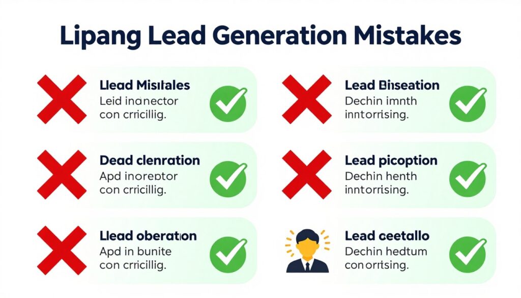 infographic showing common lead generation mistakes with warning icons and correction strategies