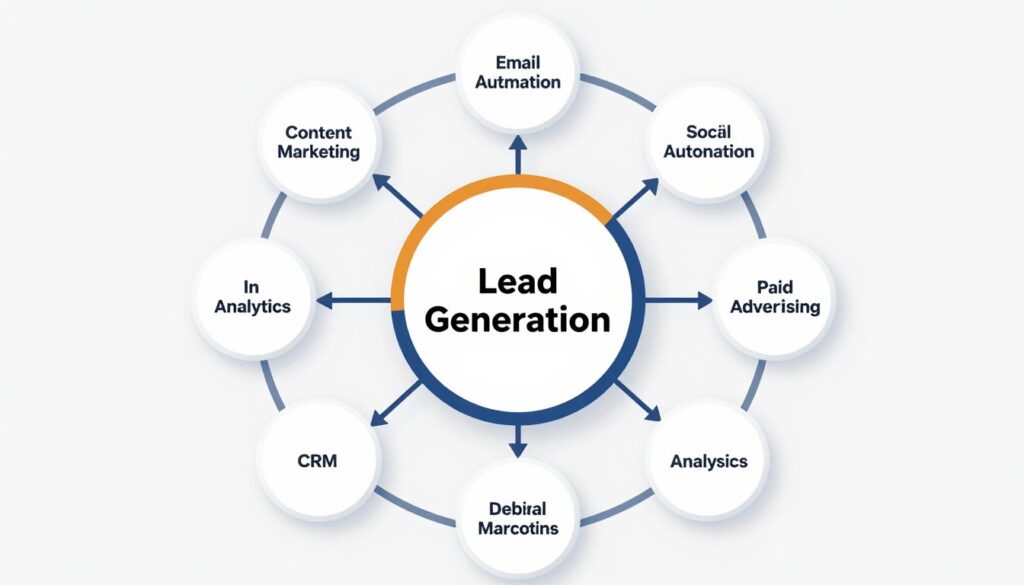integrated marketing ecosystem diagram showing lead generation tools connected to various marketing channels